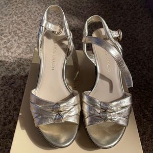 Franco Sarto gold leather ankle strap wedges